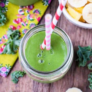 Overhead view of a pineapple spinach green smoothie.