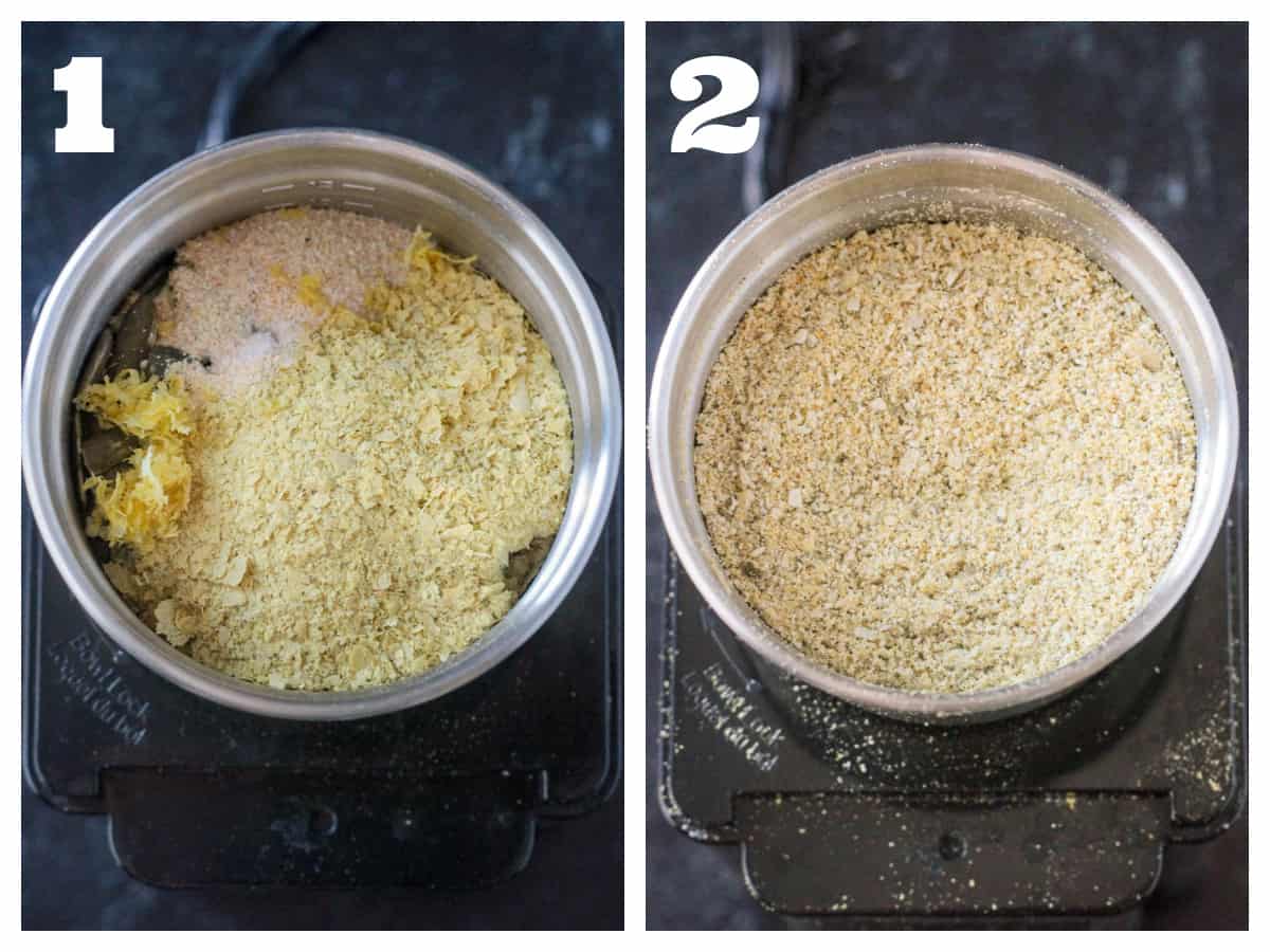 Two photo collage of ingredients before and after they are ground up.