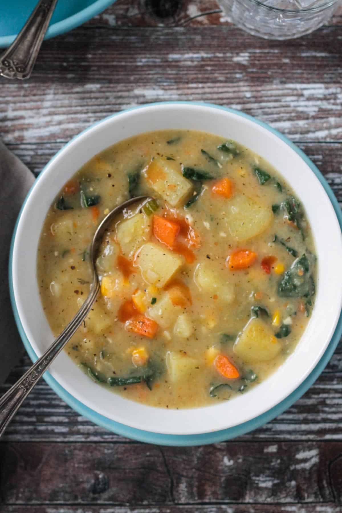 Spoonful of soup being lifted out of a bowl.