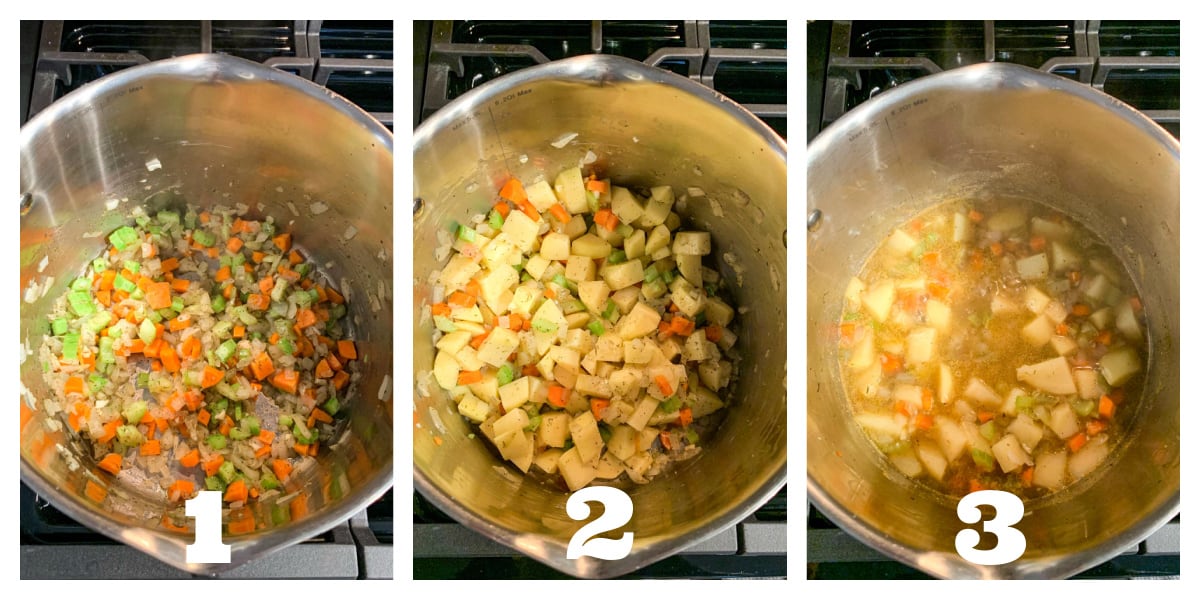 3 photo collage of sautéing veggies and simmering potatoes in broth.