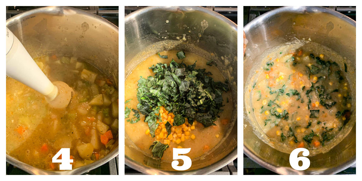 3 photo collage of puréeing the soup and adding corn and kale.