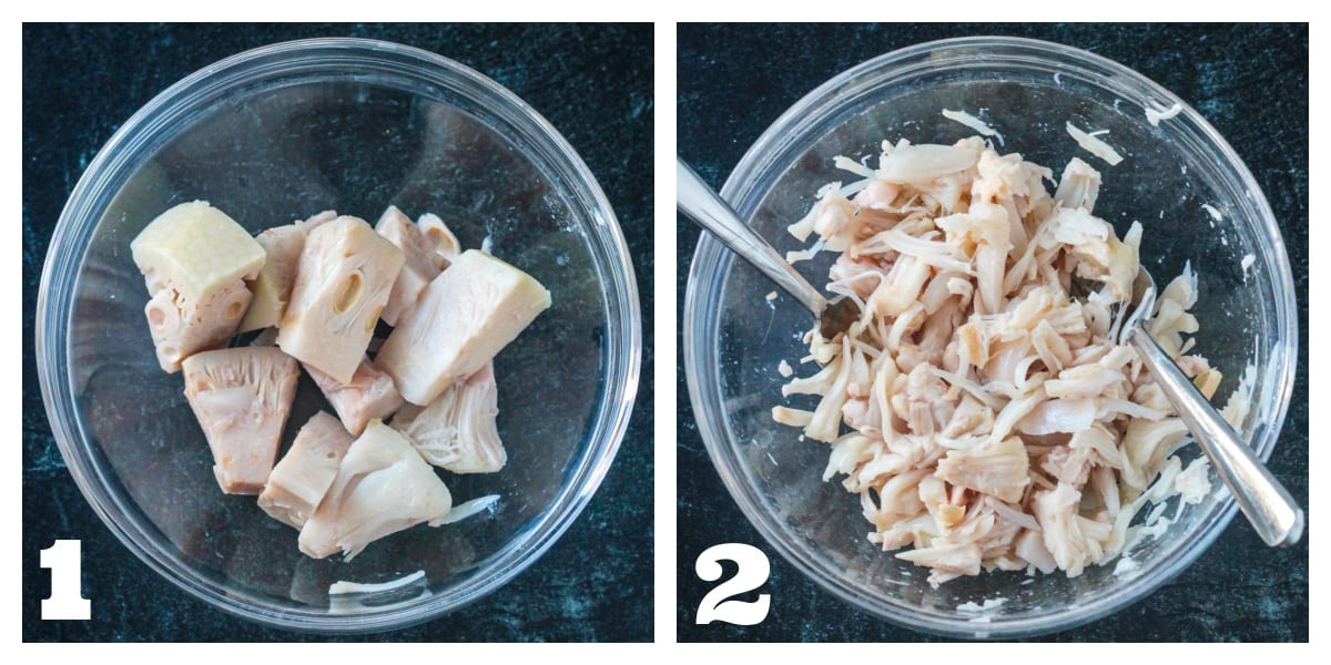 Two photo collage of jackfruit pieces in a bowl and shredded jackfruit.