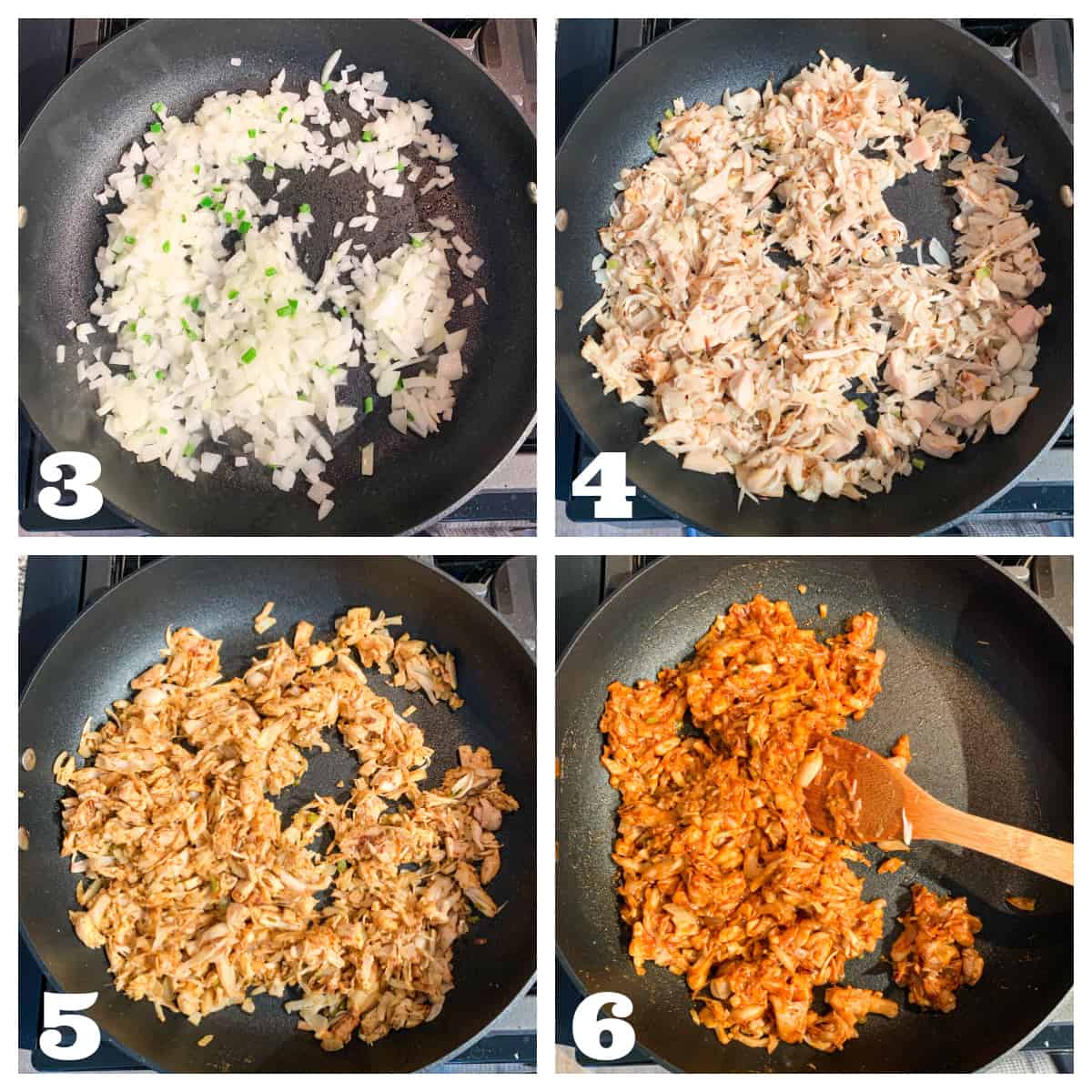 4 photo collage of sautéed onions, browned jackfruit, jackfruit with spices, and with bbq sauce added.