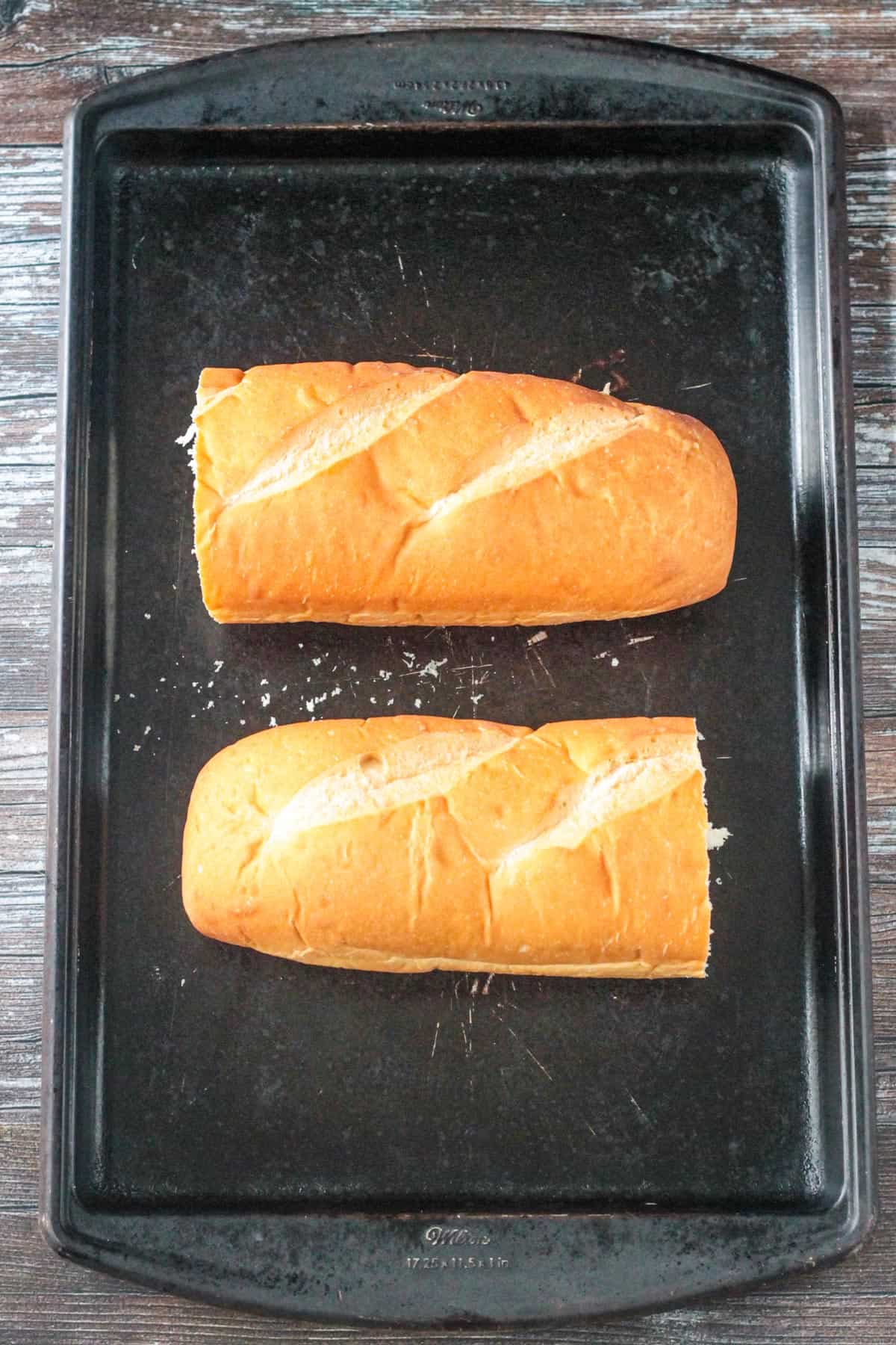 French loaf cut in half.