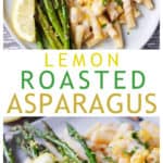 Roasted asparagus topped with a lemon wedge.