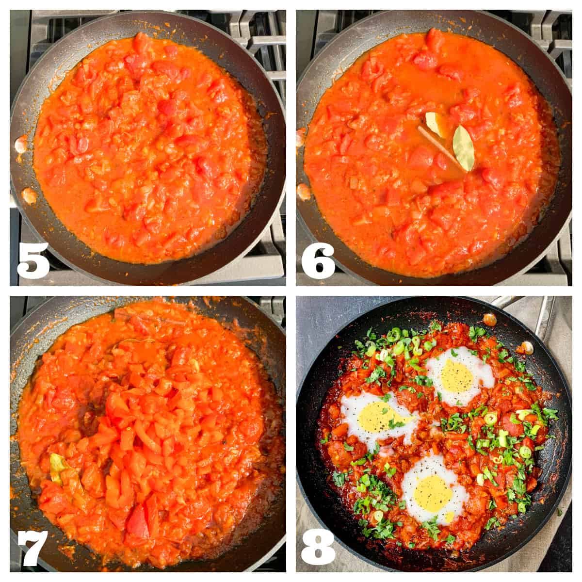 4 photo collage of adding tomatoes, bay leaves, cinnamon stick, diced peppers, and vegan eggs.