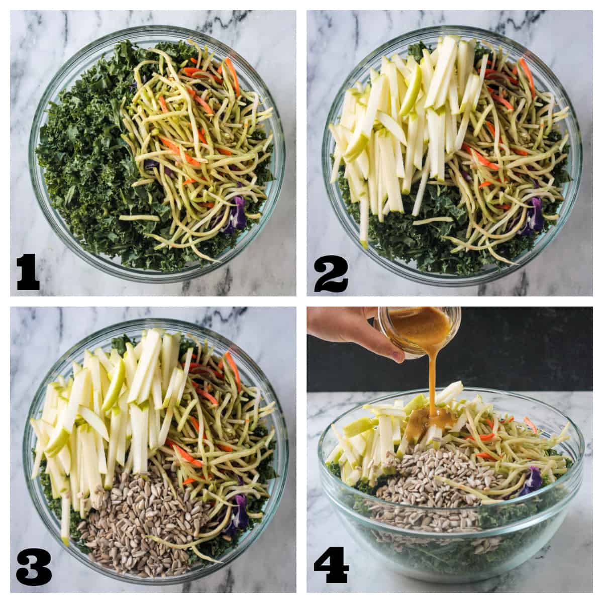4 photo collage of assembling the salad: kale, broccoli slaw, apples, sunflower seeds, and dressing.