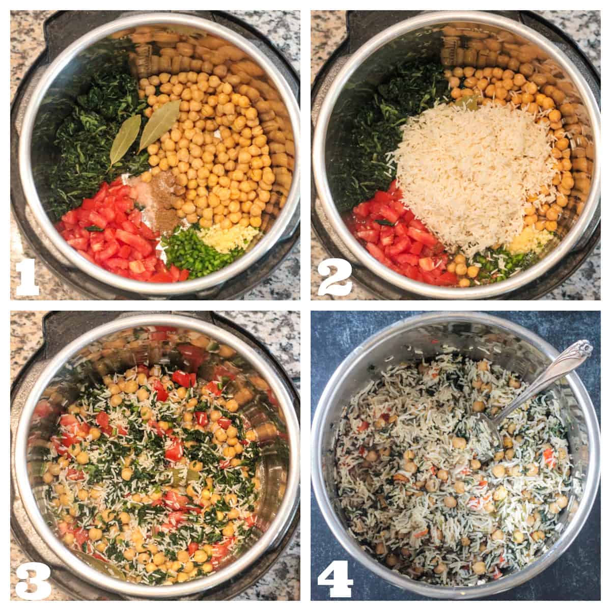 4 photo collage of adding ingredients to the instant pot and fluffing the rice when done.