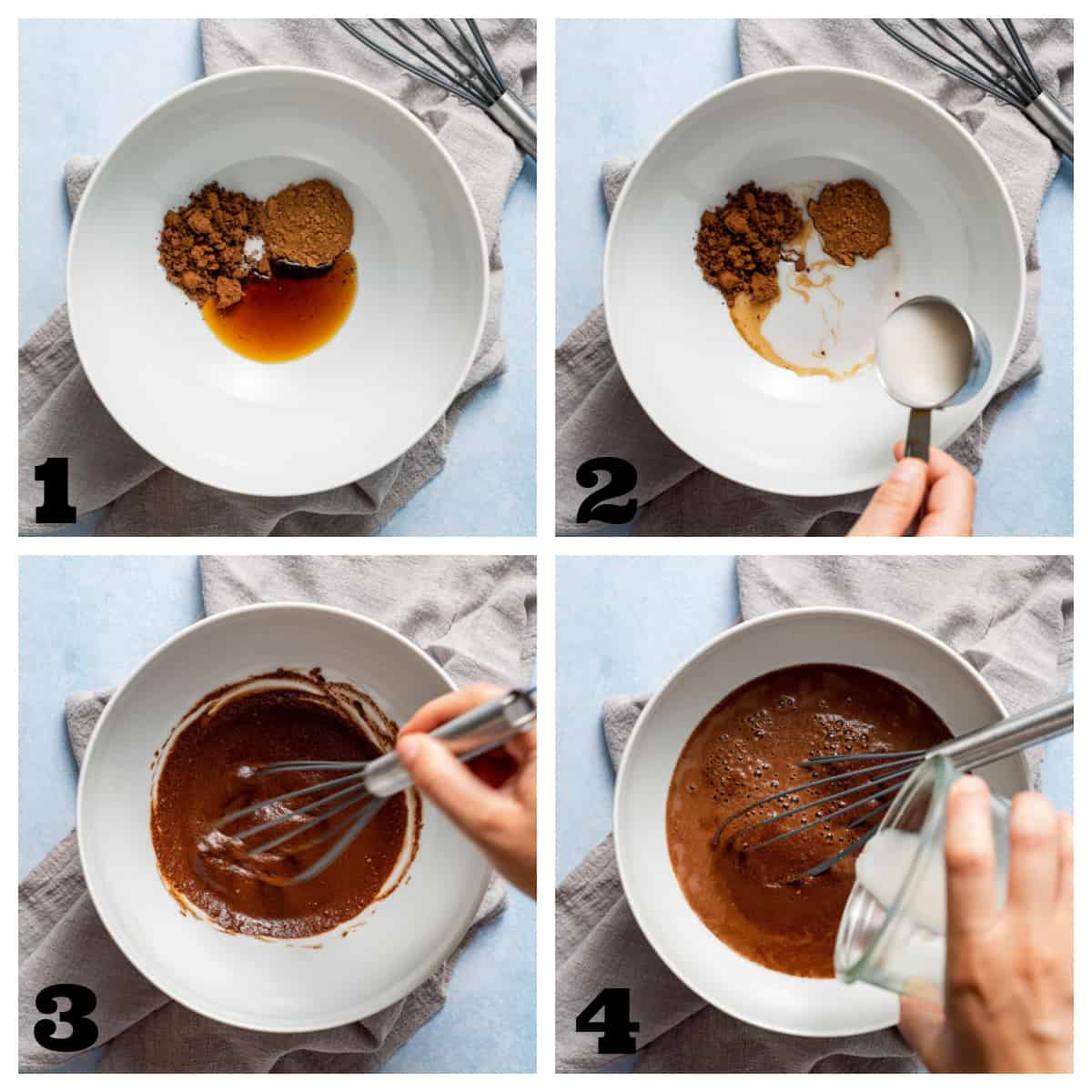4 photo collage of whisking the cocoa powder, milk, and maple syrup.