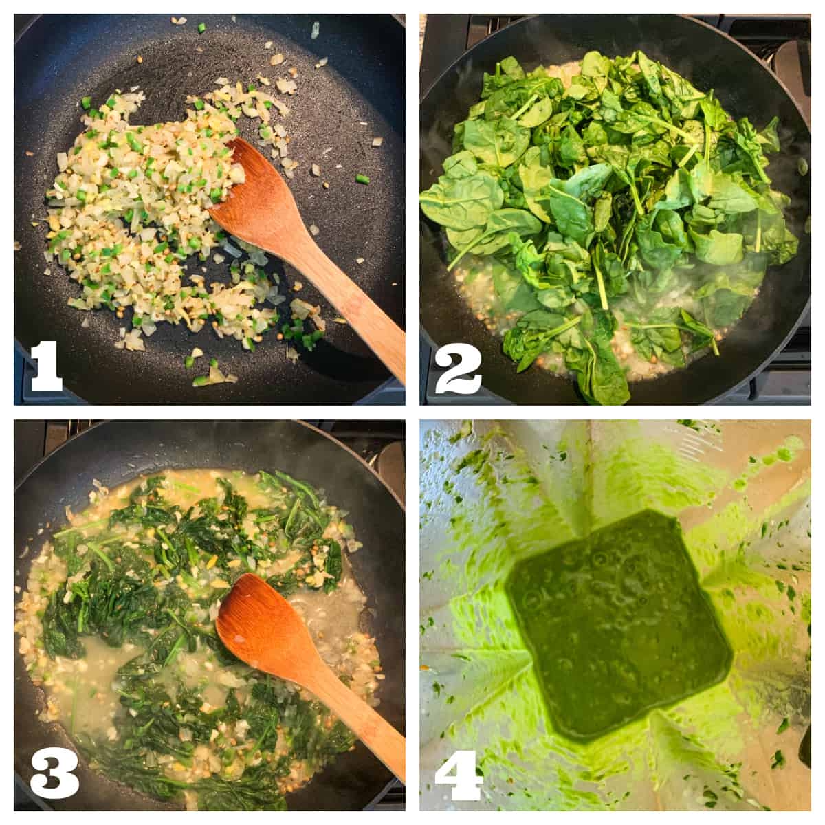 Collage of sautéing aromatics, simmering spinach, and blending it into a smooth sauce.