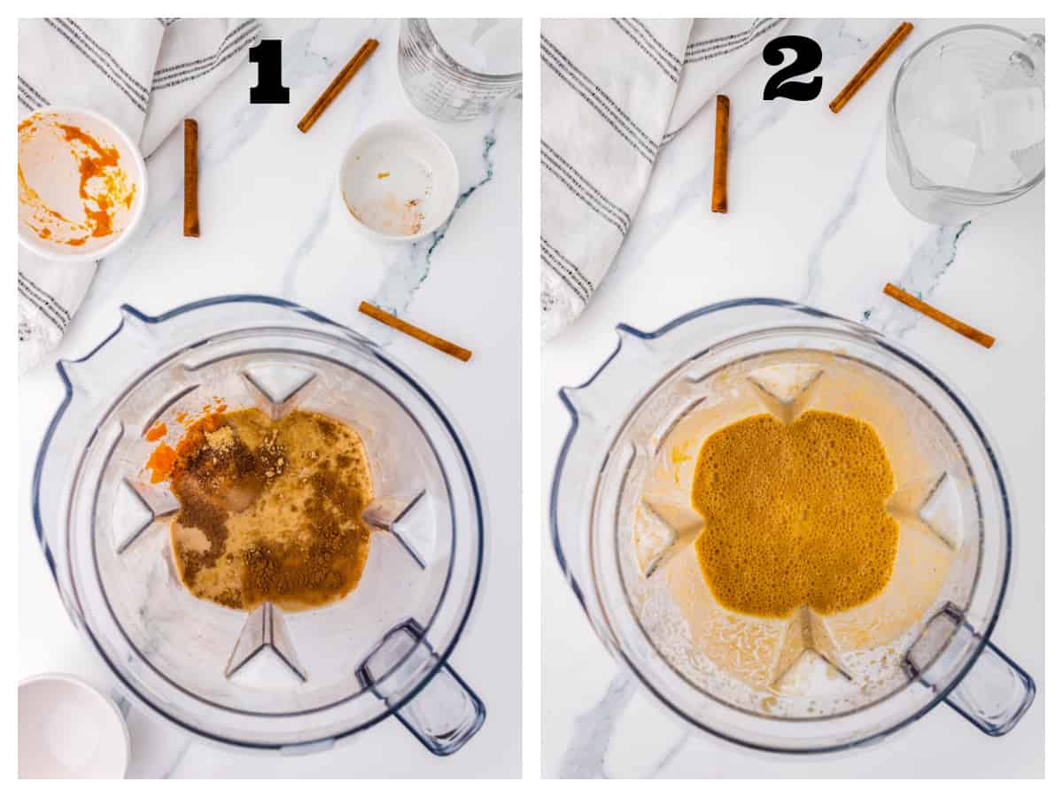 Two photo collage of blending recipe ingredients in a blender.