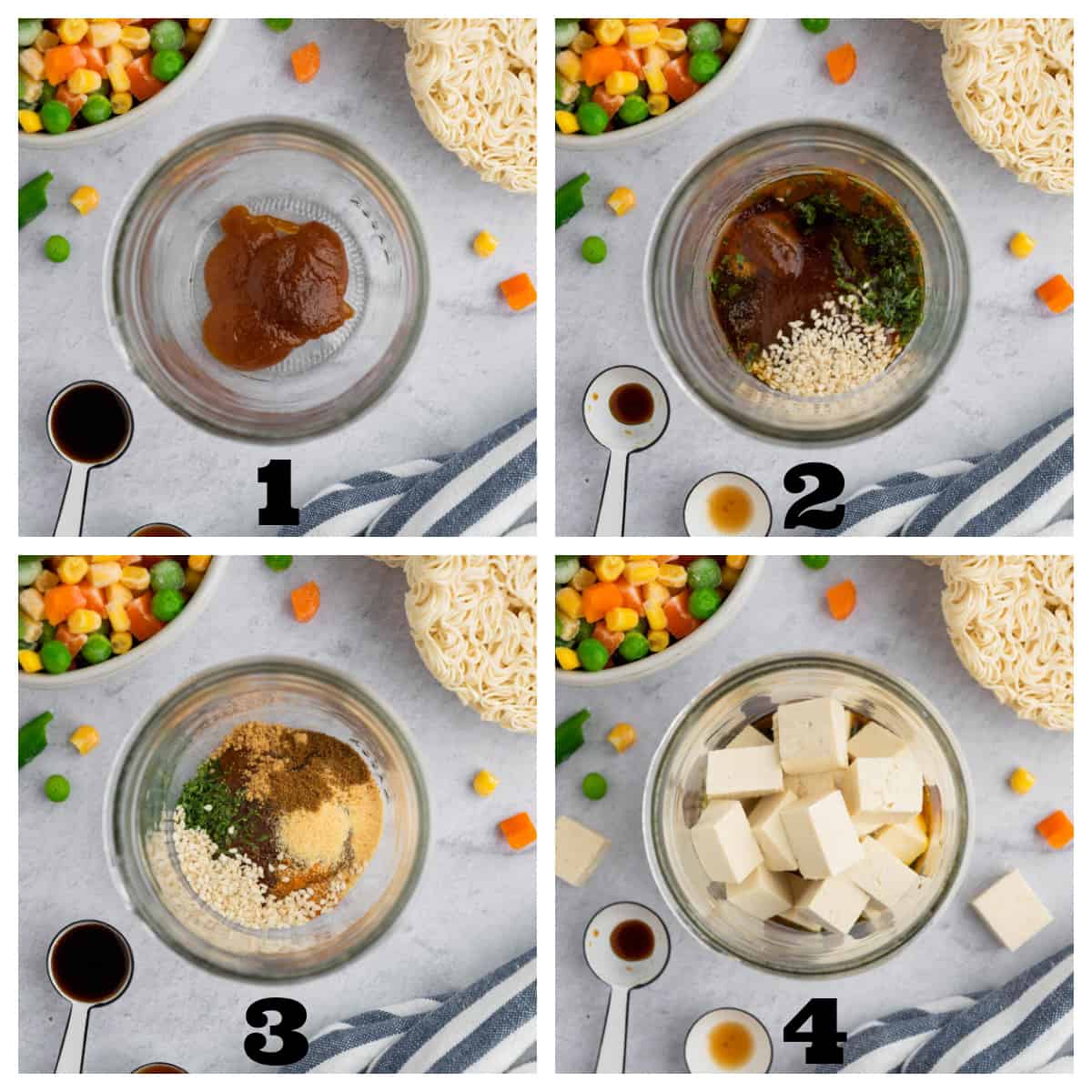 4 photo collage of adding bouillon, spices, and cubed tofu to a jar.