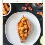 Saucy diced cinnamon apples stuffed in a cooked sweet potato.
