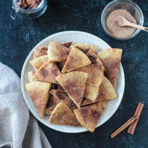 Bowl of cinnamon sugar pita chips.