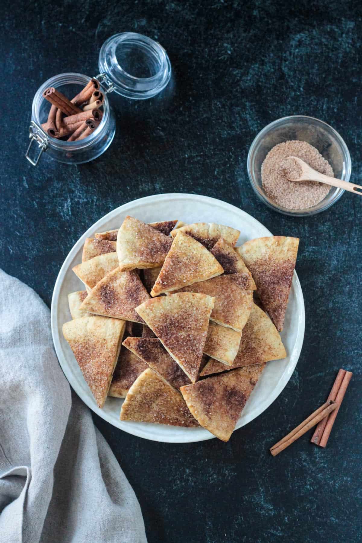 Bowl of cinnamon sugar pita chips.