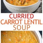 Two photo collage of a pot of soup and a serving in a bowl.