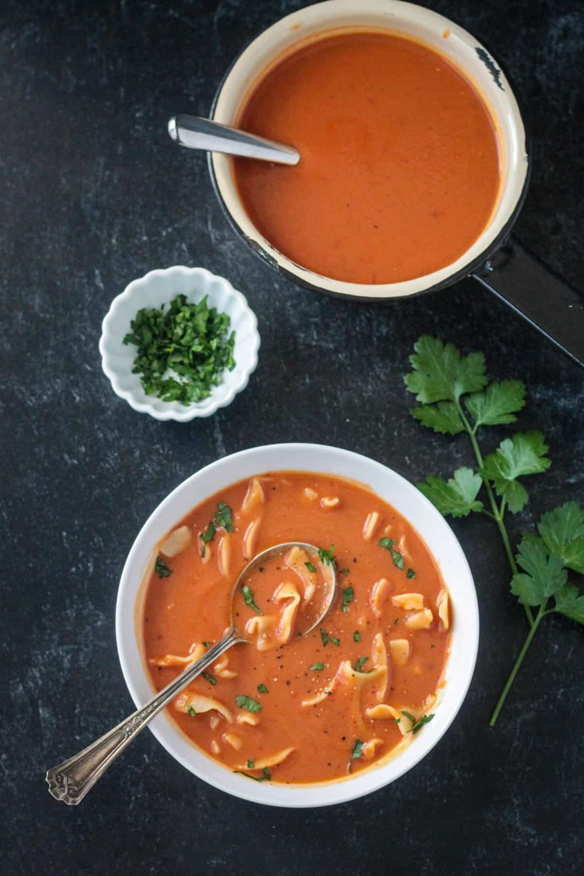 Bowl of tomato noodle soup in front of a pot of more soup.