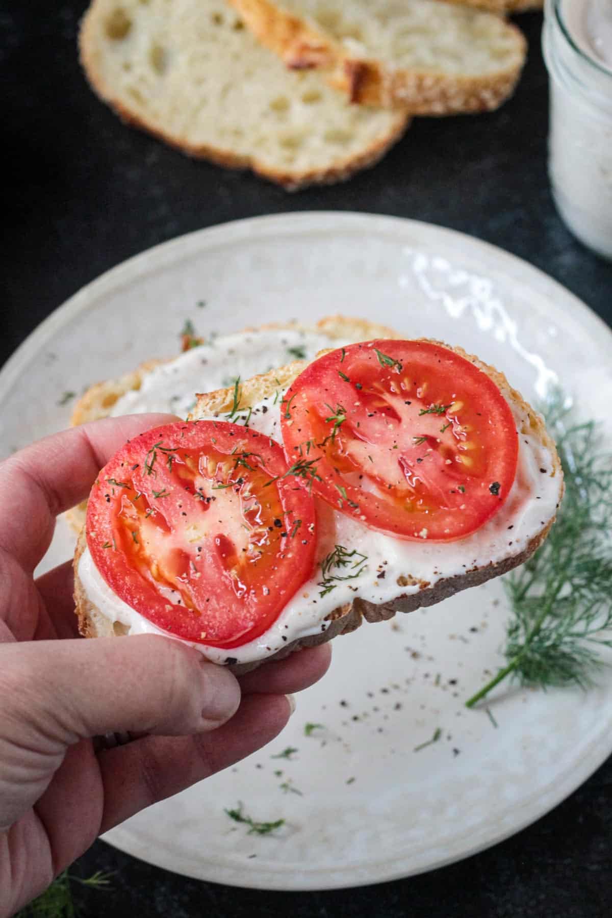 Hand holding a piece of toast topped with mayo and fresh tomato slices.