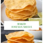 Stack of baked tostada shells with wavy edges.