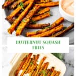 Butternut squash fries on a gray plate with a dip bowl and fresh chopped parsley.