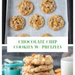 Two photo collage of a stack of cookies and baked cookies on a tray.