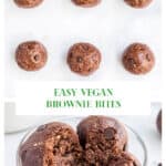 Two photo collage of brownie bites on a baking tray and piled in a glass.