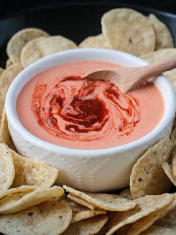 Harissa yogurt sauce in a white bowl surrounded by round tortilla chips.