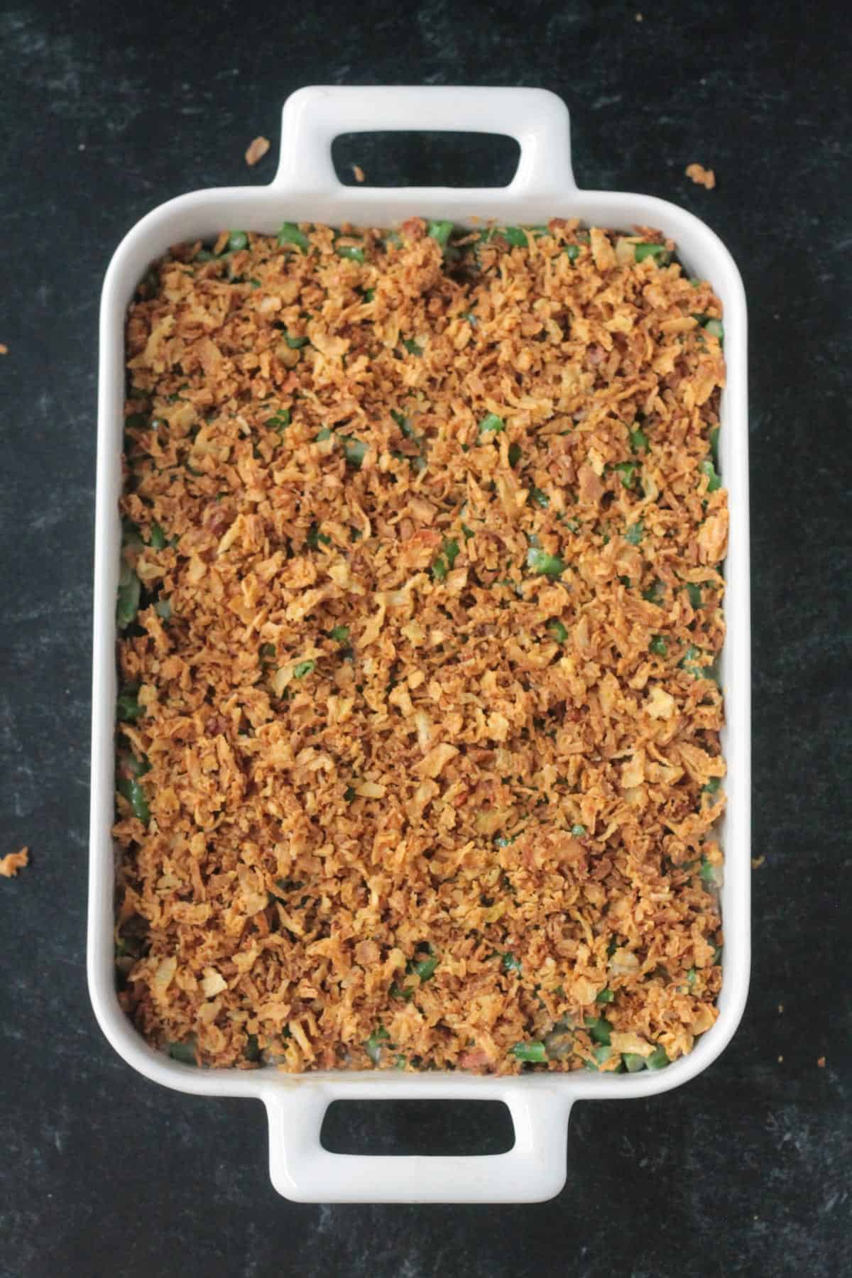 Crunch french onions covering the top of the recipe in a baking pan.