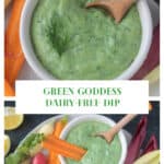 Two photo collage of a bowl of green goddess dip and veggies being dunked in the dip.