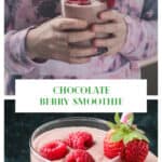 Two photo collage of a smoothie in a glass and a young girl holding a smoothie.