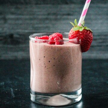 This Mixed Berry Smoothie is a deliciously sweet, creamy breakfast or snack. It has a hint of chocolate that complements the berries perfectly. Grab a straw and get sipping!