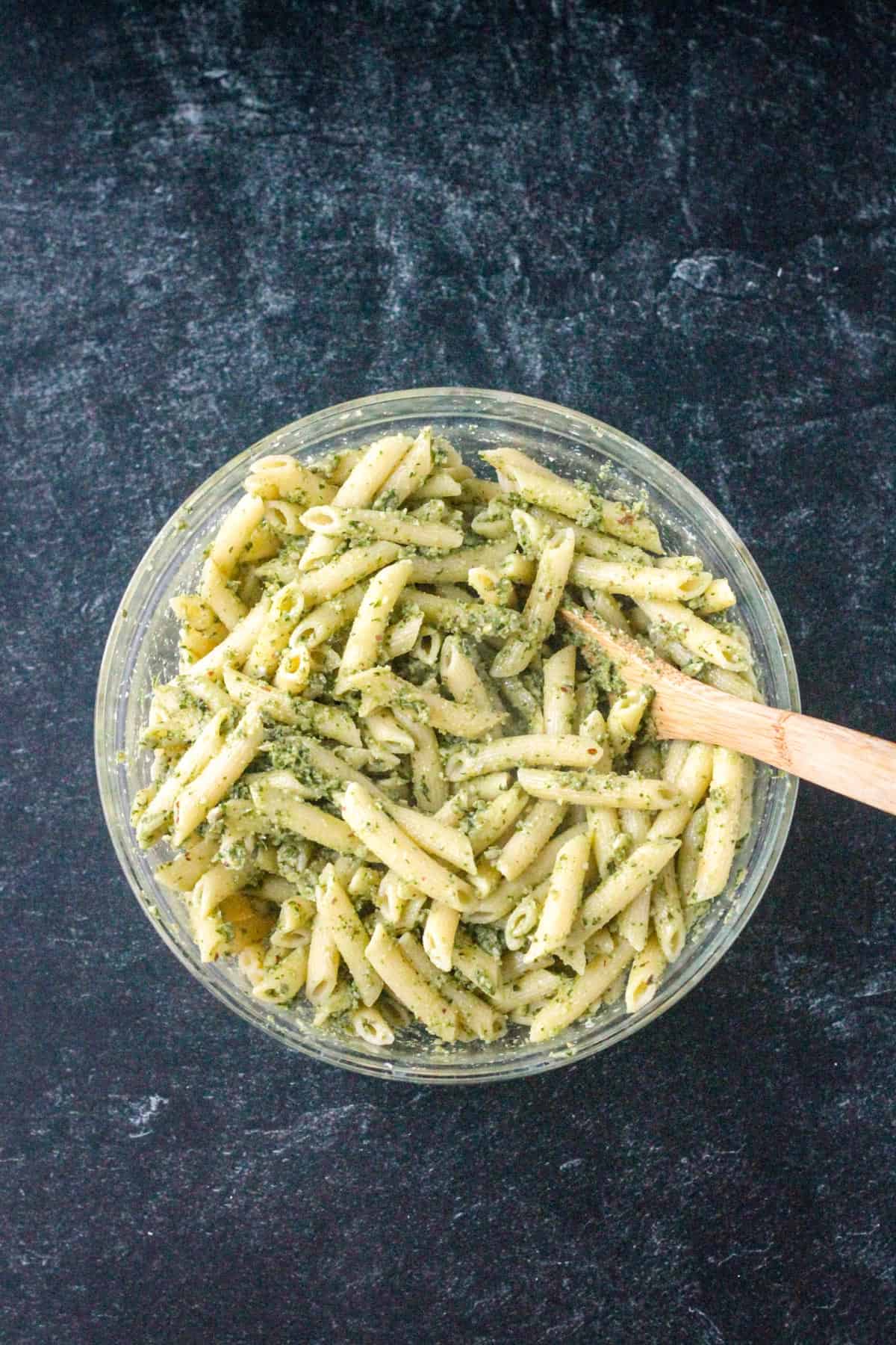 Pesto mixed with penne.