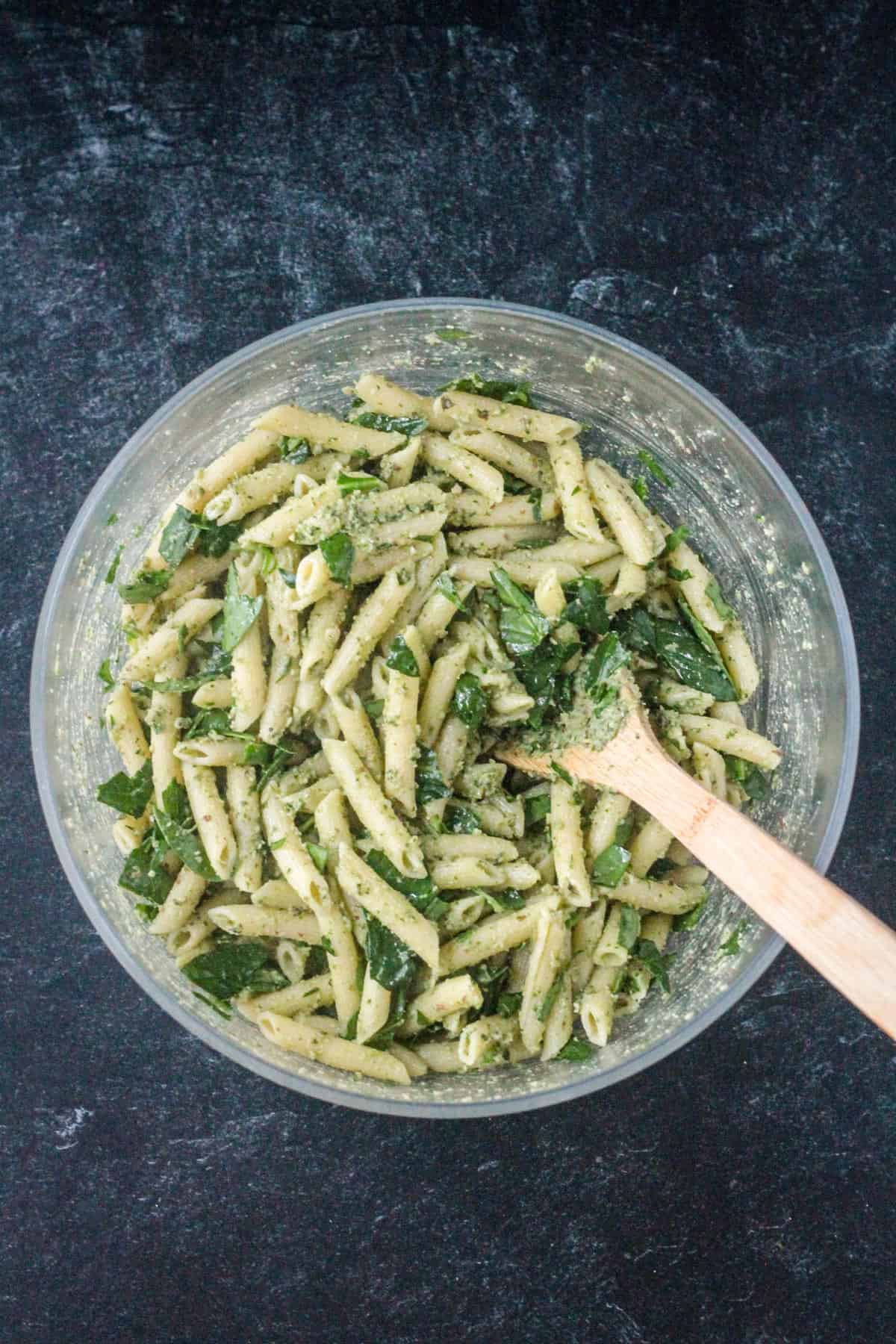 Spinach mixed in with the pasta and pesto.