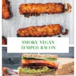 Two photo collage of tempeh bacons slices on a tray and a vegan blt sandwich.