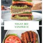 Two photo collage of a stacked vegan BLT sandwich and one open face sandwich.