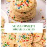 Two photo collage of a stack of funfetti sugar cookies and a pile of cookies on a plate.