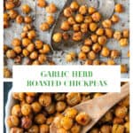 Seasoned roasted chickpeas in a bowl with a small wooden spoon.