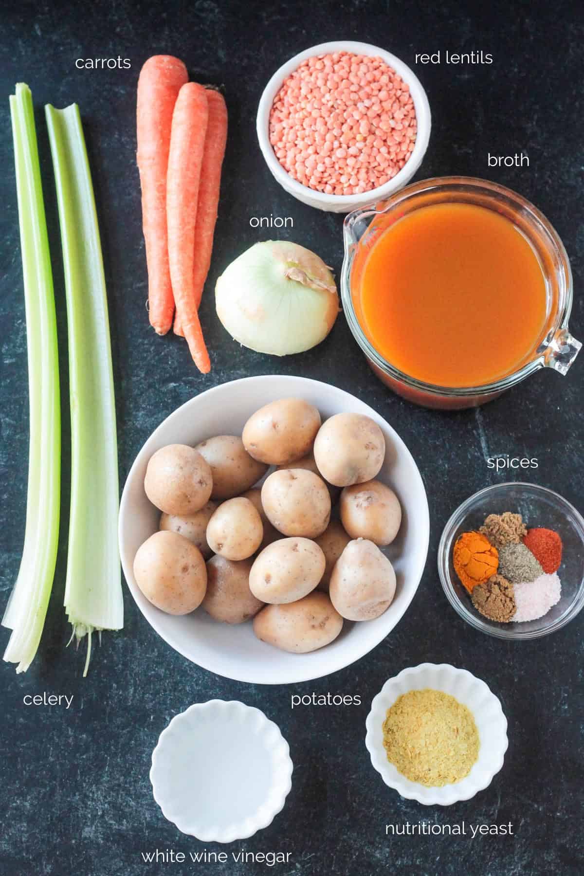 Recipes ingredients arrayed in individual bowls.