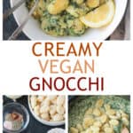 Three photo collage of vegan gnocchi, recipe ingredients, and gnocchi in sauce.