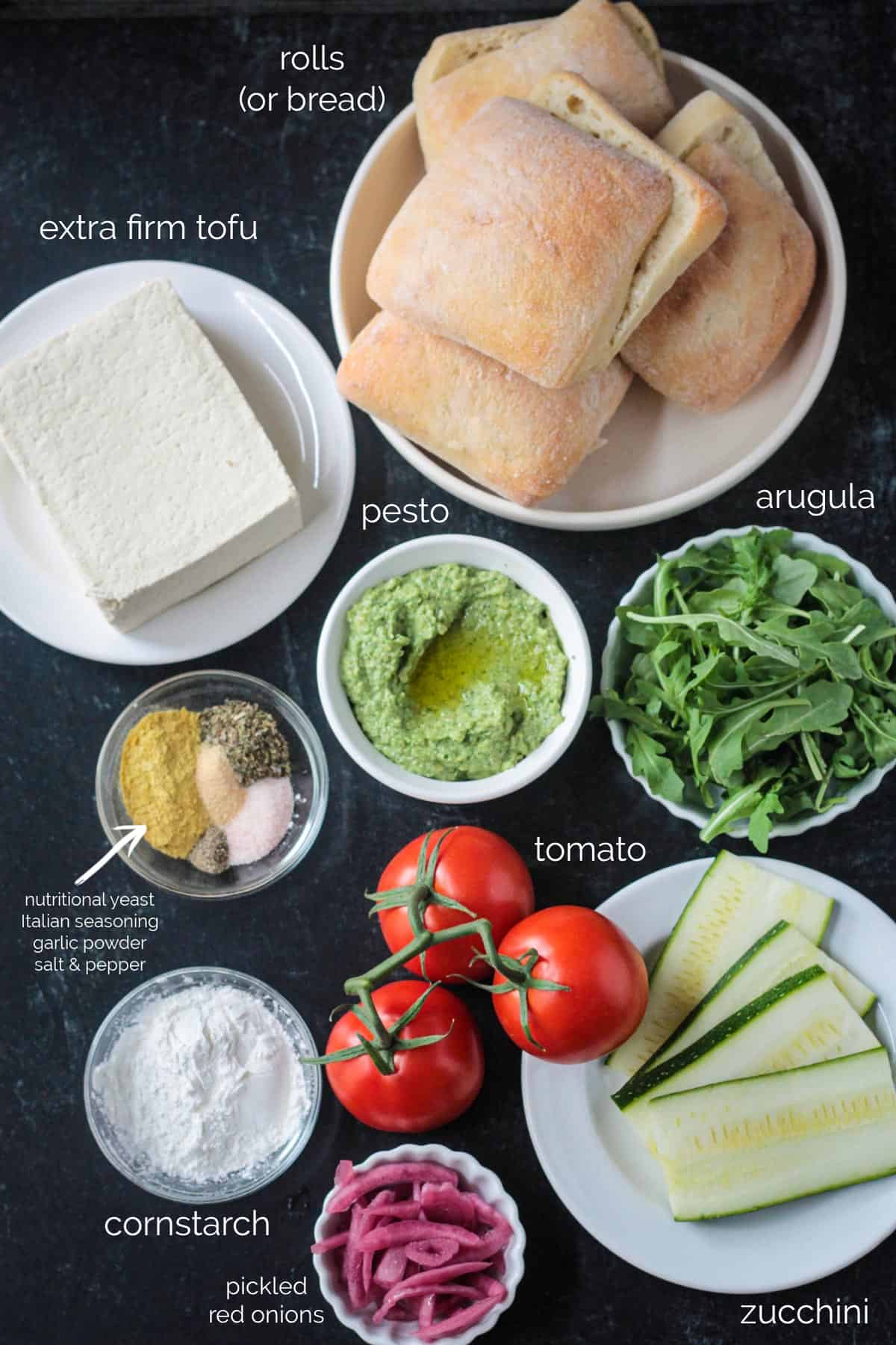 Recipe ingredients arrayed in individual bowls.