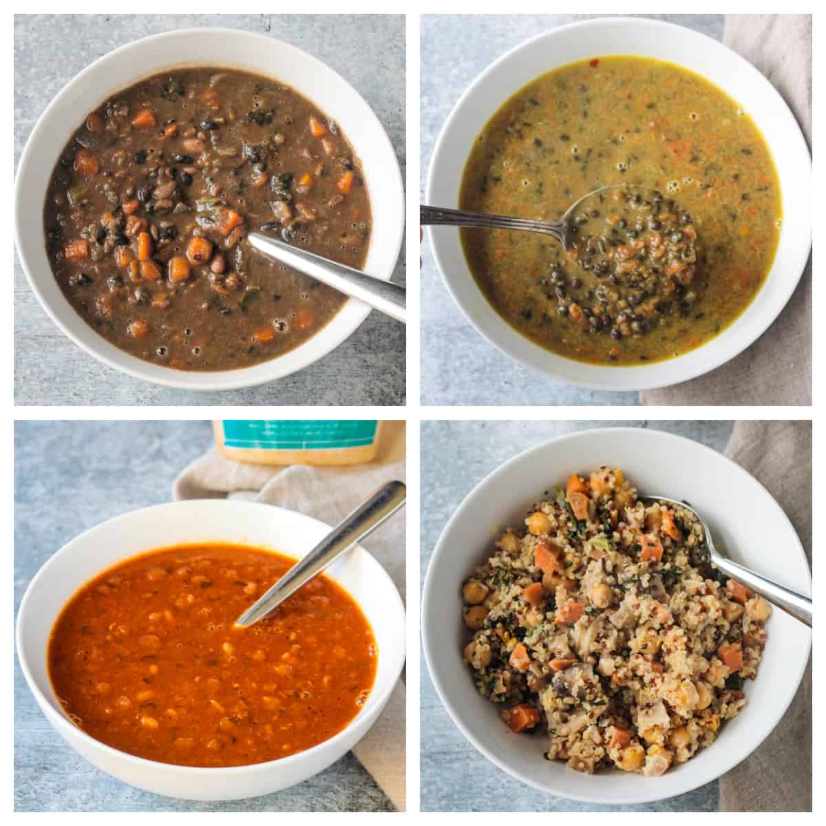 Four photo collage of different soups and bowls.