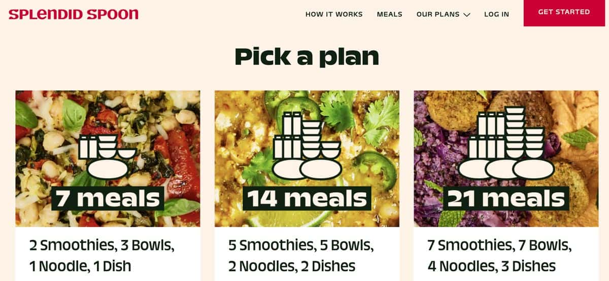 Website screen shot of the meal plan options.