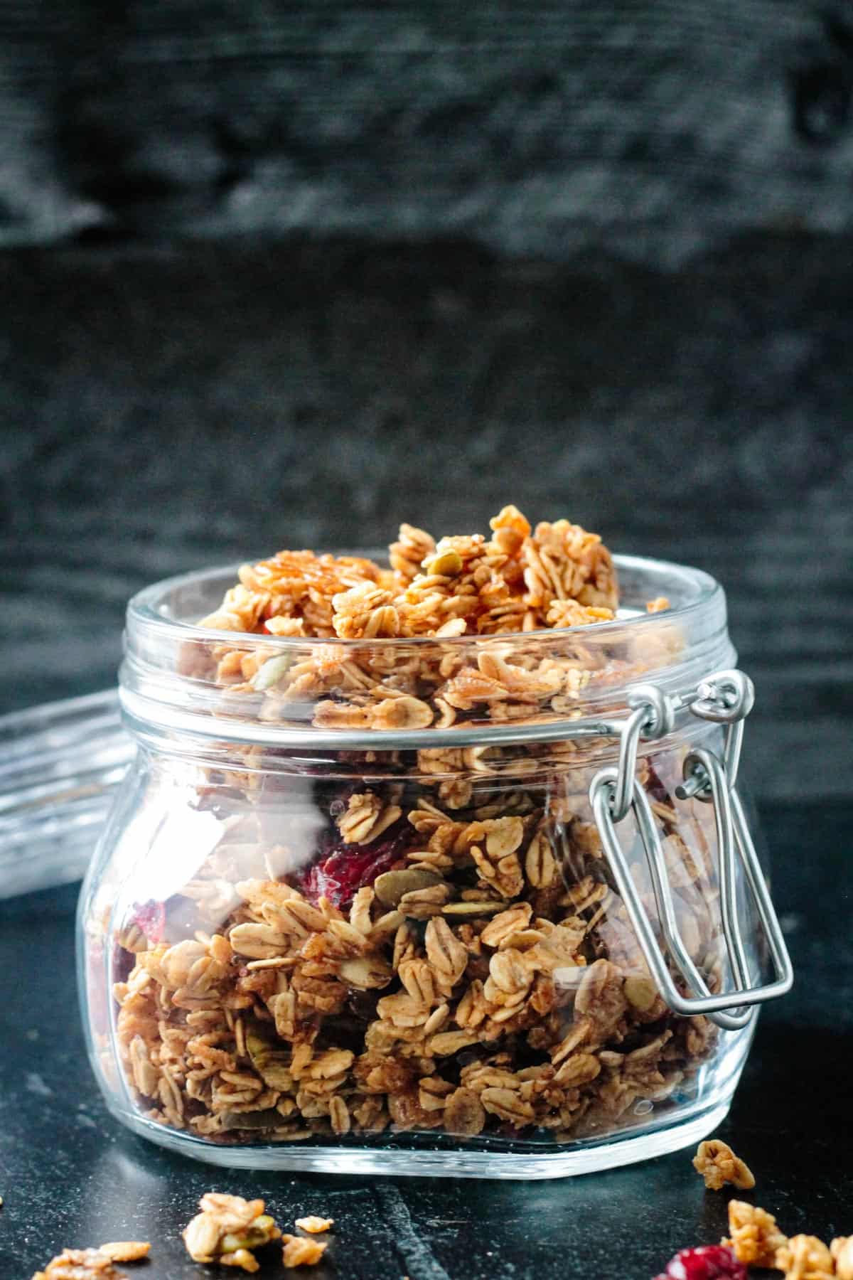 Front view of a jar of crunchy granola.