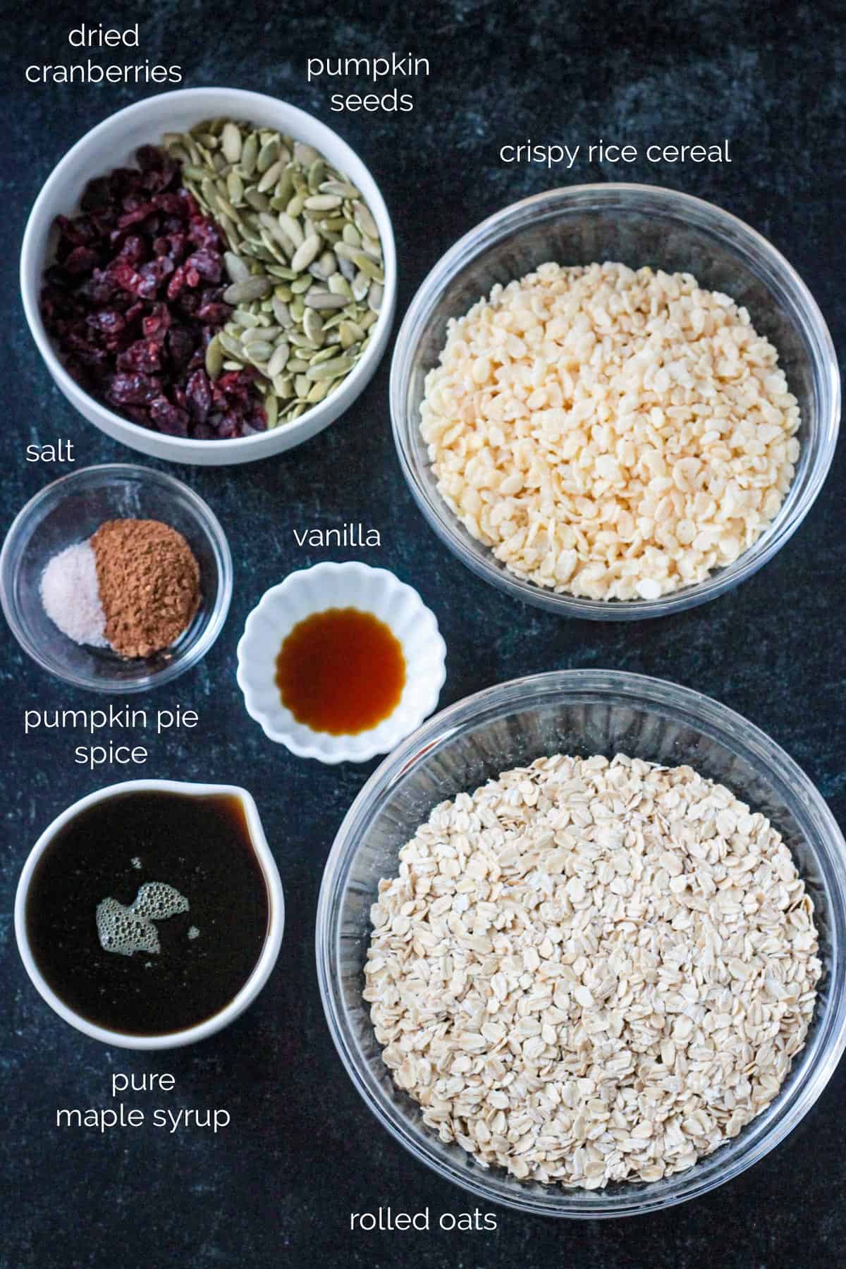 Recipe ingredients arrayed in individual bowls.