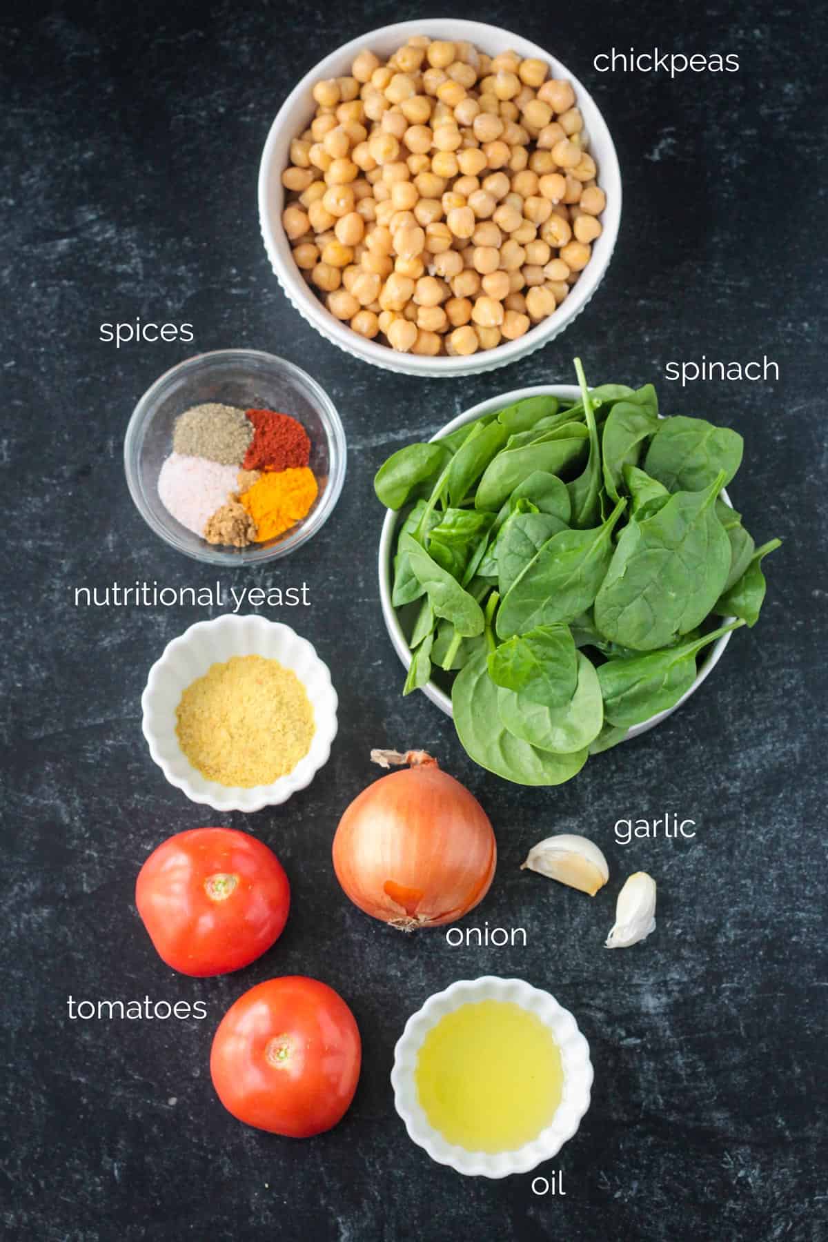 Recipe ingredients arrayed in individual bowls.