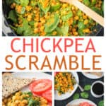 Three photo collage of chickpeas and spinach in a skillet, and two servings on plates.
