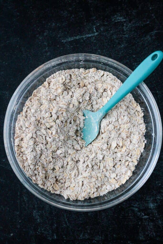 Dry ingredients mixed together in a mixing bowl.