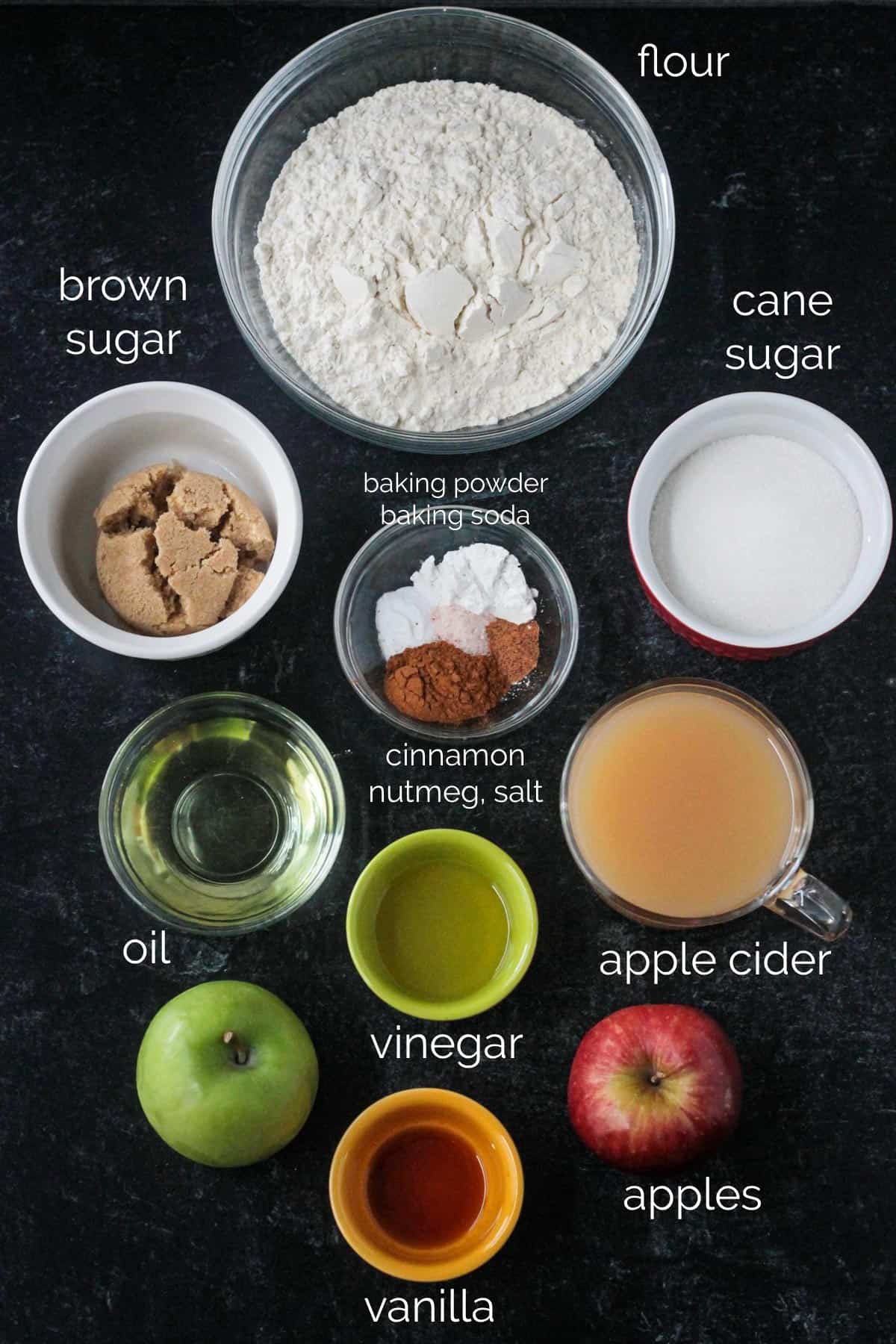 Recipe ingredients arrayed in individual bowls.