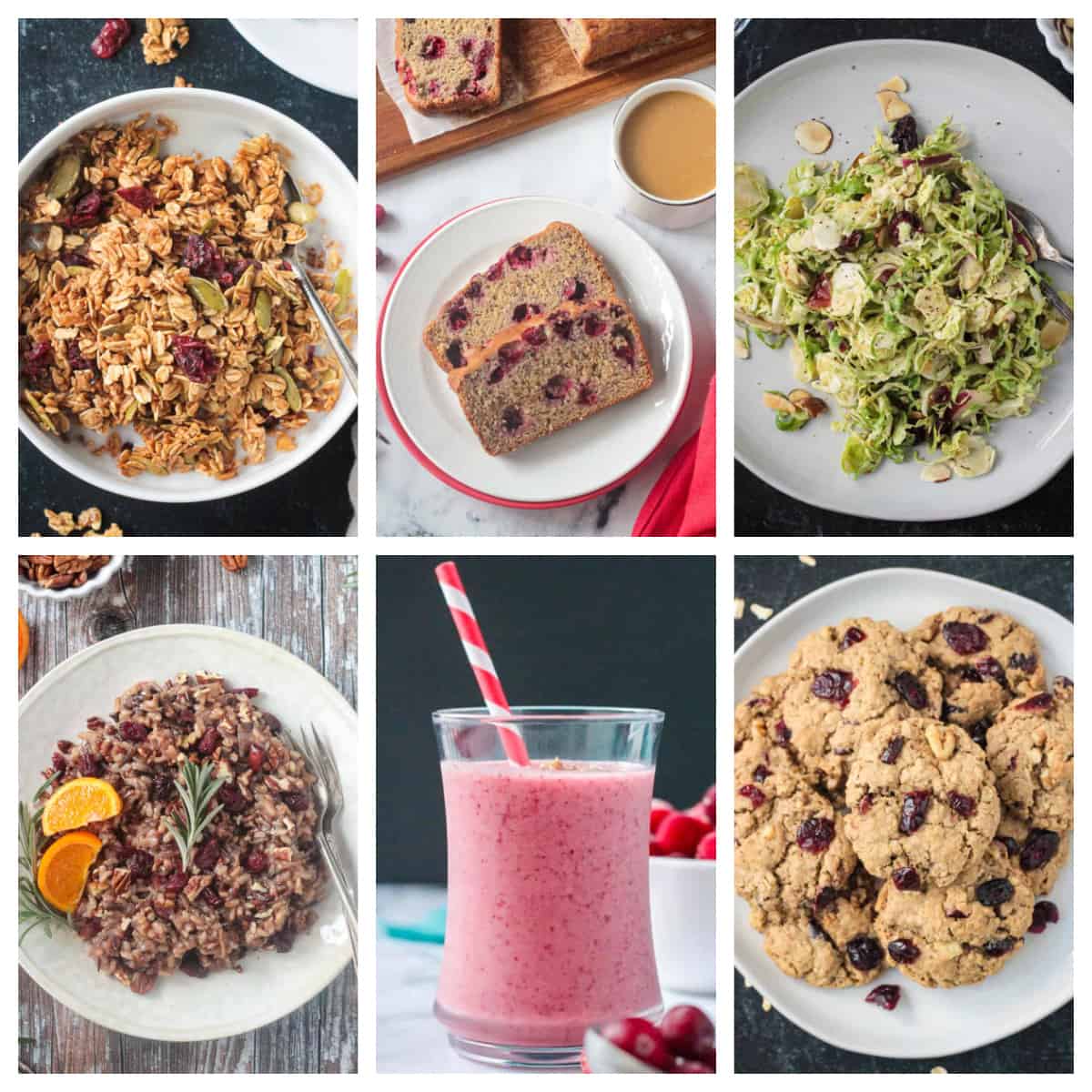 Collage of six vegan cranberry recipes.