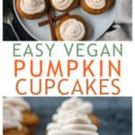 Two photo collage of a plate of frosted cupcakes and one cupcake on a cooling rack.